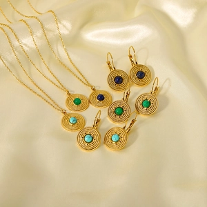 French vintage stainless steel gold necklace and earrings set with turquoise stone