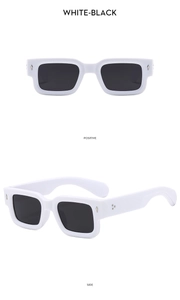 Square white sunglasses with black lenses shown in front and side views on white background