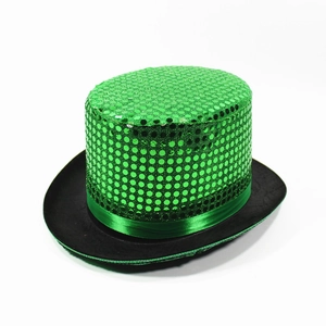 St. Patrick's Day green sequin top hat with ribbon trim on white background