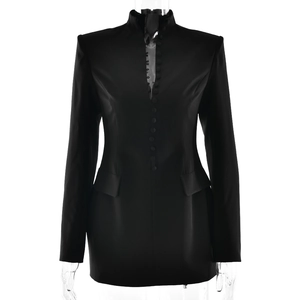 Elegant black slim-fit blazer dress with stand-up collar and single-breasted buttons