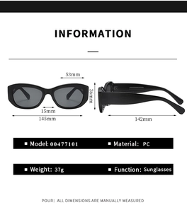 Detailed size specifications for square black PC sunglasses with frame dimensions in mm
