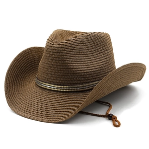Dark brown straw cowboy hat with beaded band and adjustable chin strap for sun protection