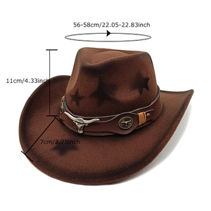 Brown wool felt western cowboy hat with vintage bull head badge and star prints