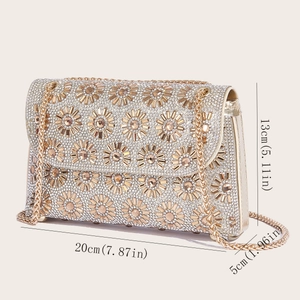 Sparkling gold sunflower dinner clutch bag with rhinestones and metal chain strap 20x13cm