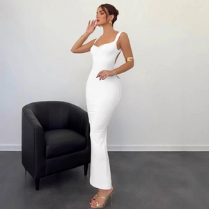 Elegant white backless maxi dress with square neck and slim fit silhouette for formal events