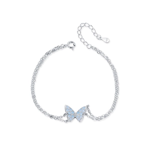 Double-layered S925 silver bracelet with a light blue crystal butterfly pendant