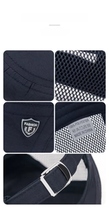 Detailed view of dark blue quick-dry mesh cap with metal buckle and shield logo