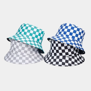 Detailed grid showing four colors of checkered bucket hats in green, blue, gray, and black