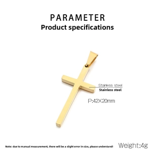 Polished golden stainless steel cross pendant with specific dimensions 42x20mm