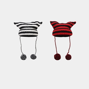 Bonnet En Maille Rayé À Oreilles De Chat Acrylique Chaud Hiver Crochet Avec Pompons Pour Femmes Filles