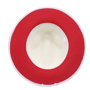 Top view of a wide-brim bicolor straw sun hat in cream white and vibrant red