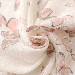 Pink butterfly cotton-linen scarf with gold glitter and soft mesh texture details