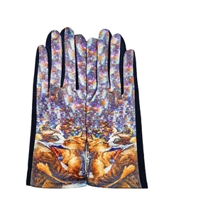 3D oil painting cat print suede gloves with warm fleece lining and touchscreen fingertips