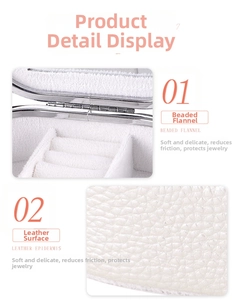 Detail of white litchi pattern PU leather exterior and soft velvet lining of jewelry box