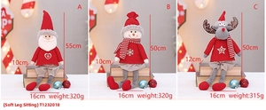 Detailed size chart for Christmas plush dolls featuring Santa, snowman, and elk designs
