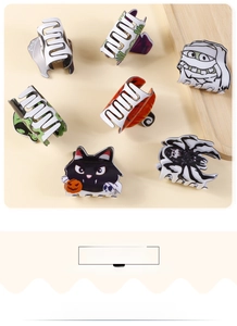 Détails des pinces à cheveux d'Halloween avec chat noir, citrouille et motifs de momie