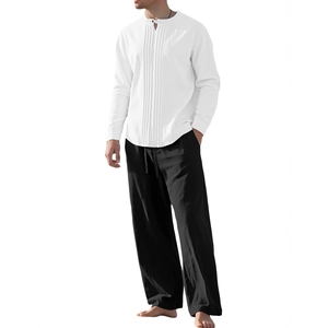 Ensemble chemise homme manches longues en lin blanc et pantalon gris anthracite décontracté