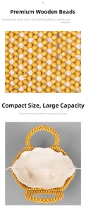 Detailed macro view of woven wooden beads and internal canvas lining on a beach tote bag