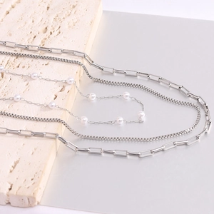 Three-layer silver stainless steel chain necklace with paperclip and pearl elements