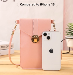 Pink leather crossbody phone bag size comparison showing dimensions next to iPhone 13