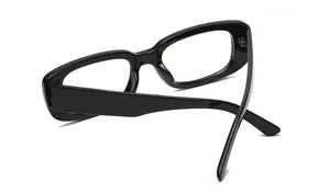Detailed rear view of classic black rectangle sunglasses with wide temples on white background