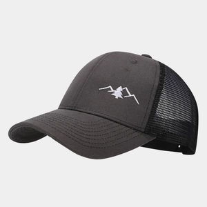 Detail of dark grey baseball cap with mountain embroidery and black mesh back panels