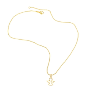 Macro shot of gold bead chain with an angel pendant and sparkling zircon stones