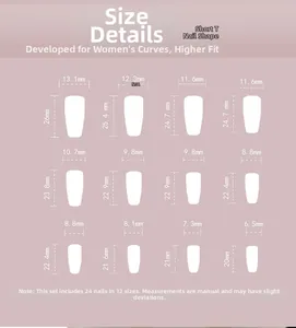 Detailed size chart for 24pcs press-on nails featuring 12 unique widths in millimeters