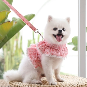 Pink floral dog harness vest with white lace trim and matching leash for pets