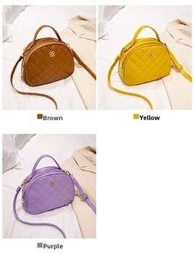 Three semi-circle crossbody bags in brown, yellow, and purple with quilted patterns