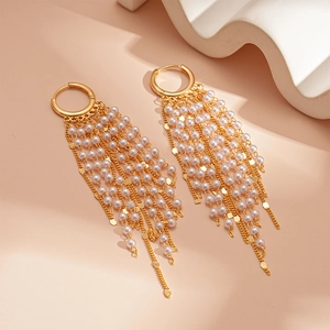 Boucles D'oreilles Longues À Pompons Künstliche Perles Imitation Paillettes Cuivre Plaqué Or 18K Tige En Argent Pour Femmes