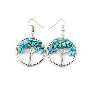 Detailed view of silver wire tree of life earrings with turquoise natural stone chips