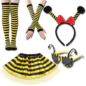Five-piece bee costume set with striped stockings, arm warmers, tutu skirt, and antennae headband