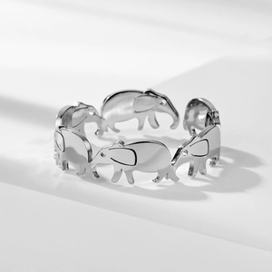Silver 18k plated stainless steel open ring featuring a repeating elephant pattern design