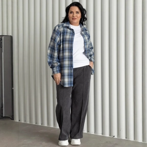 Casual long sleeve plaid shirt for women with color block design and loose fit style