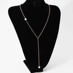 Stainless Steel Y-Shaped Lariat Necklace With Artificial Pearl Ball Chain Long Minimalist Waterproof PVD Plated Fashion For Women