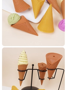 Macro view of realistic waffle cone textures and colorful DIY clay ice cream props