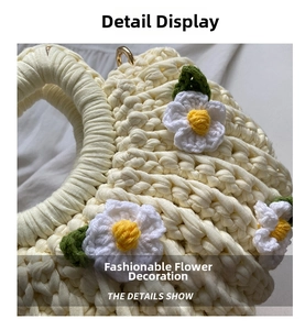 Macro detail of hand-woven crochet bag featuring 3D floral accents and creamy yarn texture