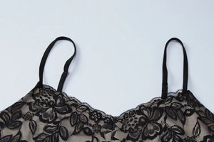 Détail de l'encolure en dentelle florale noire et des bretelles fines de la robe chic