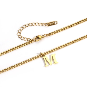 Close-up of 18K gold plated stainless steel M letter pendant necklace with lobster clasp