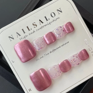Pink cat eye and glitter sequins press-on toenails set displayed on a white card