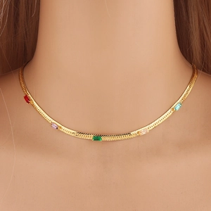 18k gold plated brass snake chain necklace with five multicolor zircon rectangle stones