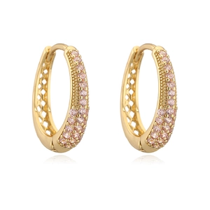 Luxury gold oval hoop earrings with pink pavé zircons and hollow lattice design