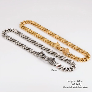 Chaîne cubaine 15mm en acier inoxydable avec fermoir tête de loup vintage pour homme