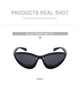 Front view of Y2K style black cat-eye sunglasses with dark gray lenses and sleek frame