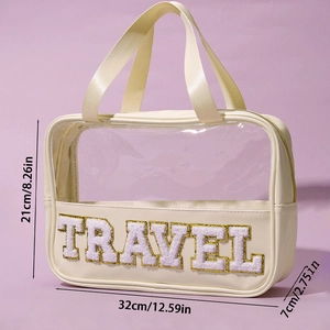 Large cream-white PVC travel cosmetic bag with PU leather trim and size dimensions