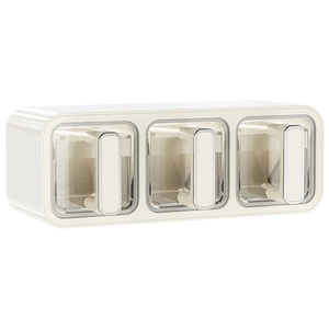 Wall-mounted white spice rack with three transparent drawers and sleek silver handles