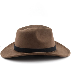 Detail of dark brown suede western cowboy hat with black decorative belt on a white background