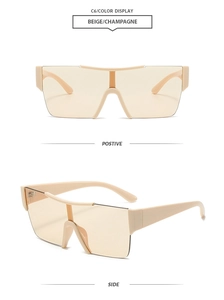 Front and side views of stylish beige rimless oversized fashion sunglasses for women
