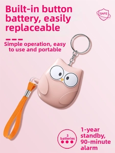 Pink owl personal alarm with keychain featuring 1-year standby and replaceable batteries